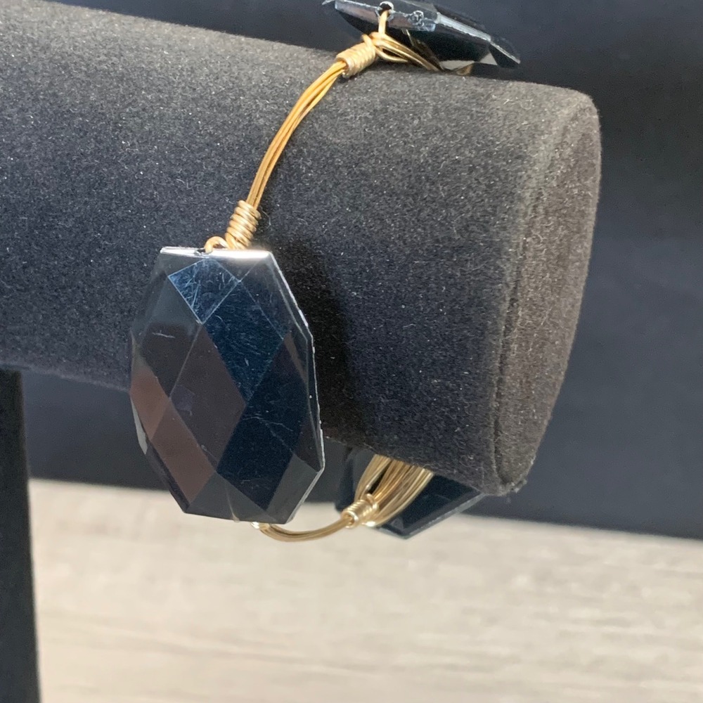 Gold Tone Wire Wrapped Bangle Bracelet Faceted Black Stones Artisan 8 Inch